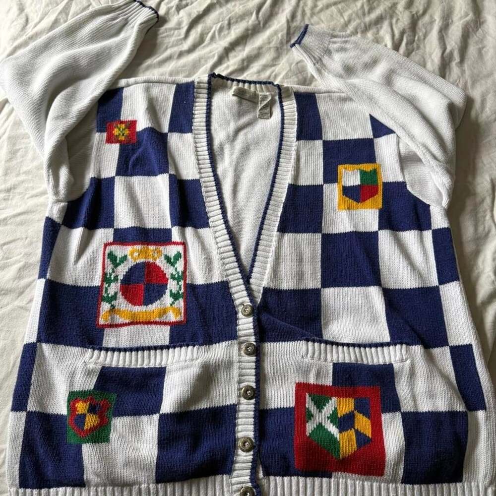 Elisabeth by Liz Claiborne Checkered Crest Cardigan Navy White